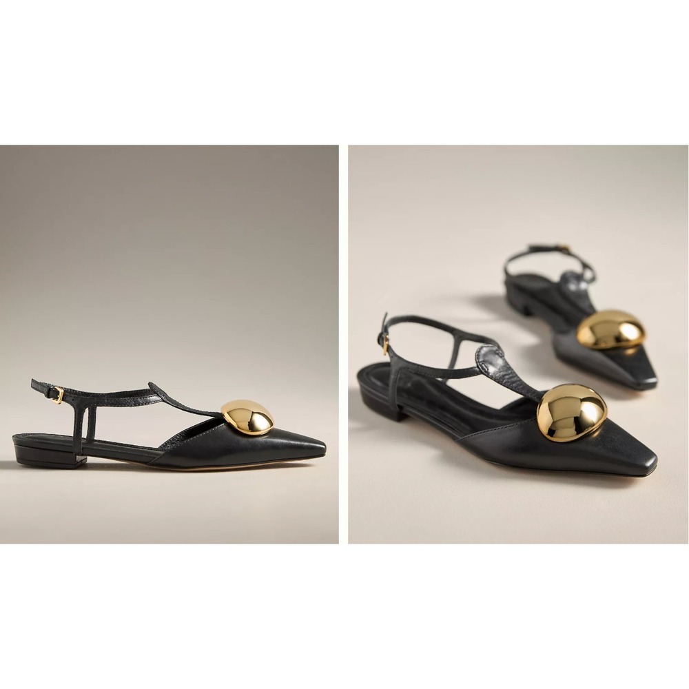 Vicenza Gold Hardware Snip-Toe Flats Black Leather Slingback Size US 9 EU 40 NEW